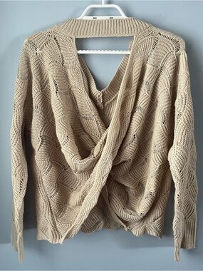 Open-Back Twisted Oatmeal Beige Knit Patterned Relaxed Fit Sweater Size S